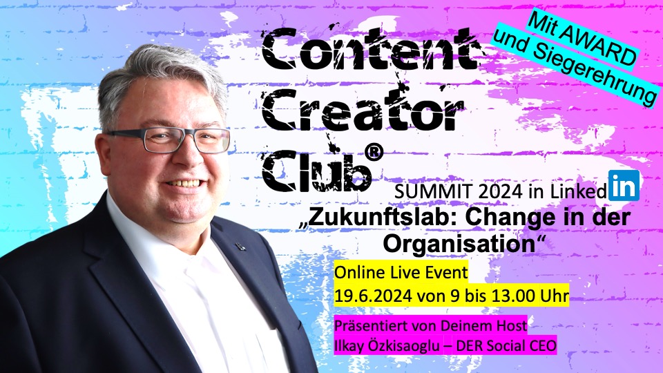 Mann vor bunter Wand präsentiert Content Creator Club Summit 2024